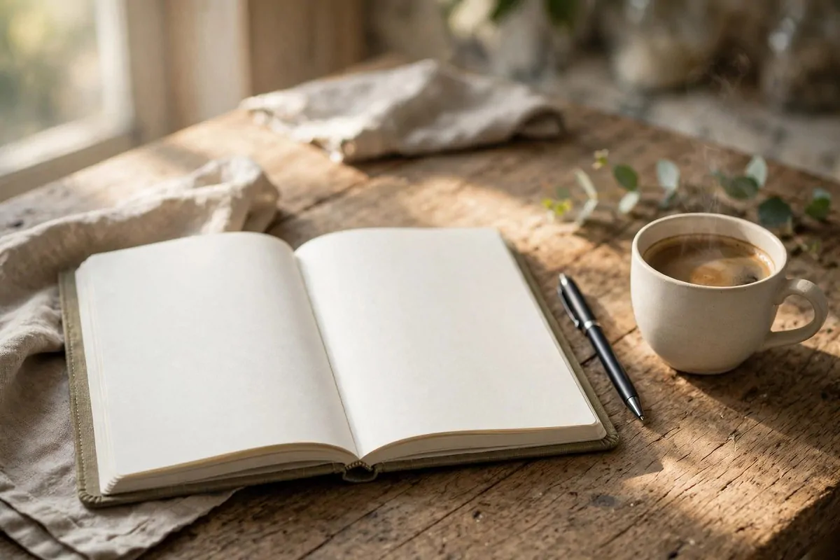 Journal and pen beside a cup of coffee on a kitchen table