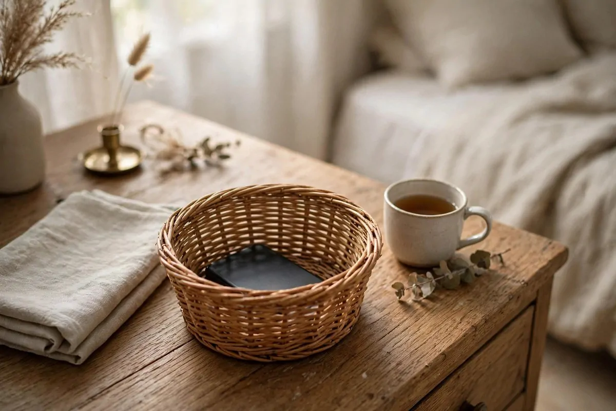 Phone face down in a basket away from the bed