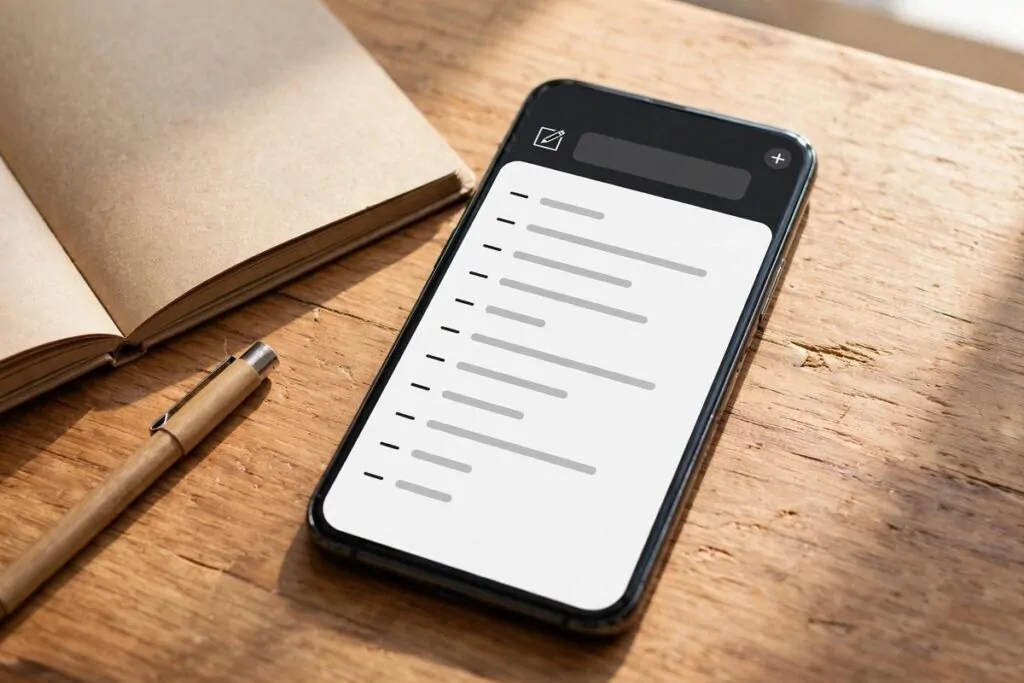 How to Create a Digital Second Brain 2 Smartphone on a desk showing a quick note capture list