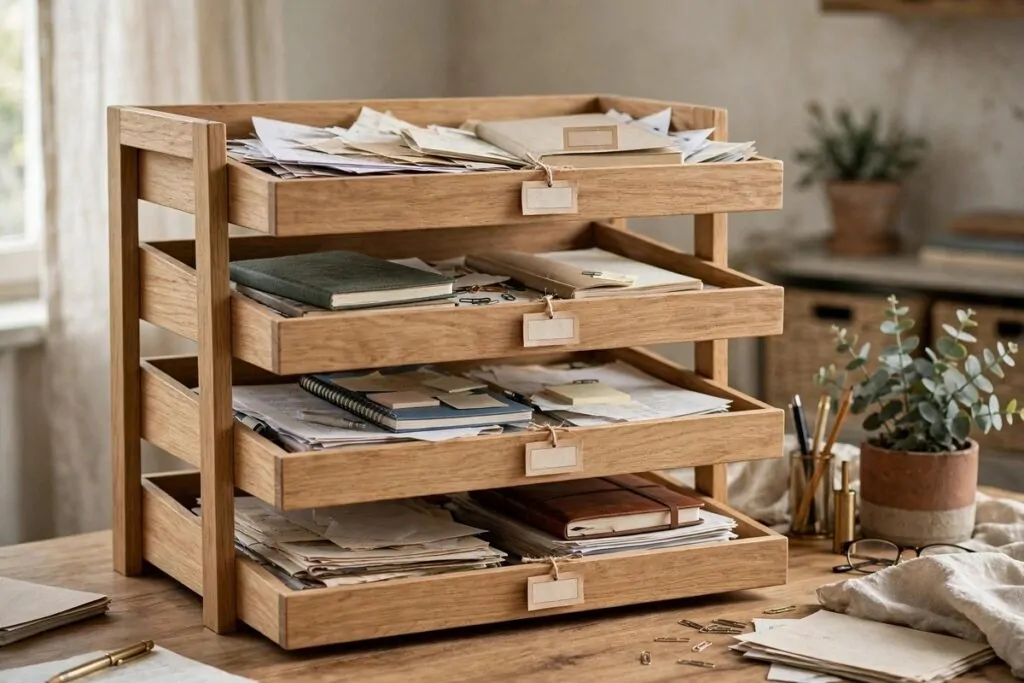 How to Create a Digital Second Brain 3 Wooden four-tray desk organizer holding notebooks and papers on a desk