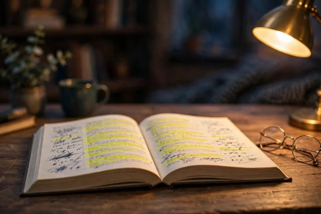 How to Create a Digital Second Brain 4 Open book with highlighted passages and margin notes under a desk lamp