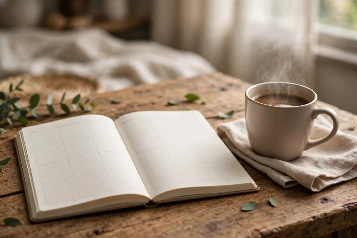 How to Create a Weekly Reset Routine 2 A weekly planner open on a table with a cup of coffee, planning a reset day