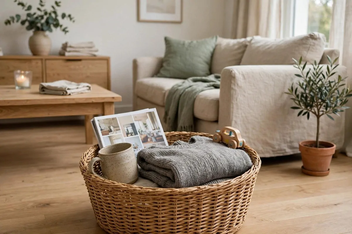 How to Create a Weekly Reset Routine 3 A laundry basket used to collect out-of-place items during a home declutter
