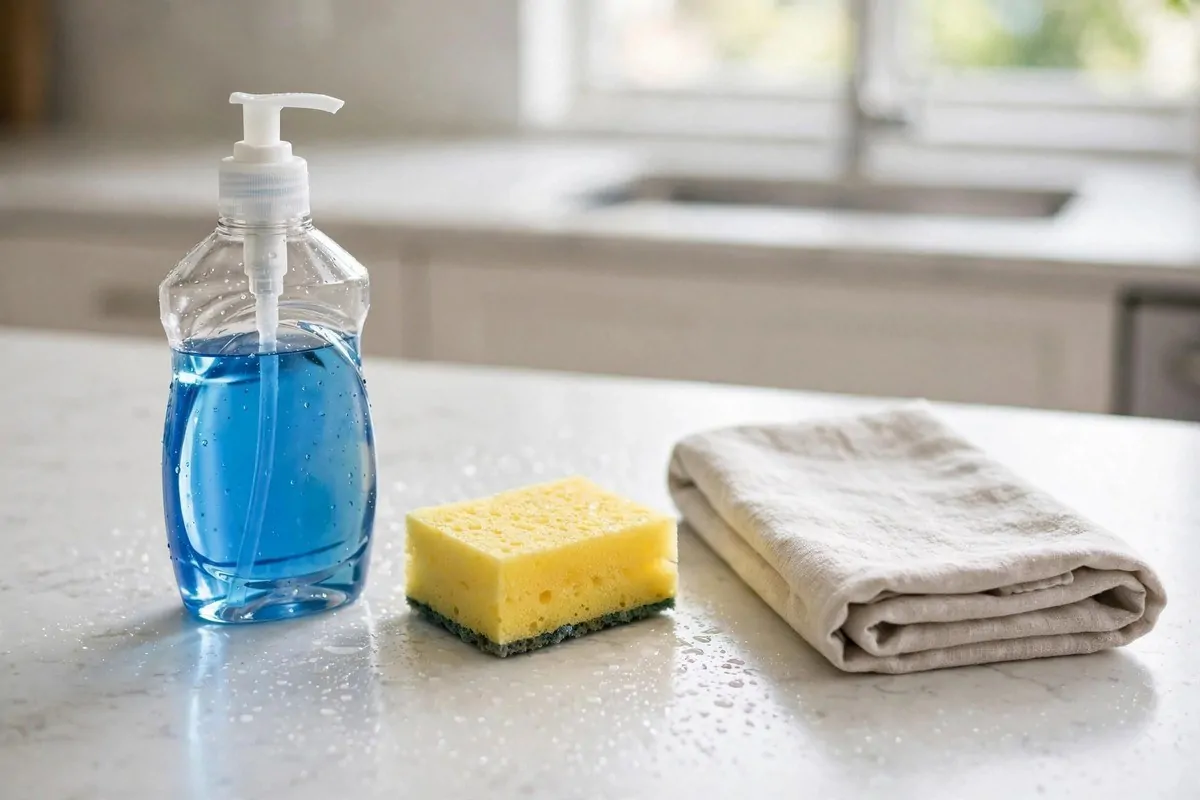 How to Create a Weekly Reset Routine 4 A clean kitchen counter with dish soap, a sponge, and a folded dish towel