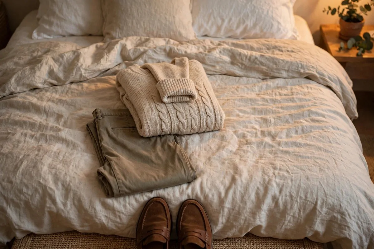 Outfit laid out on a bed with shoes below, ready for tomorrow