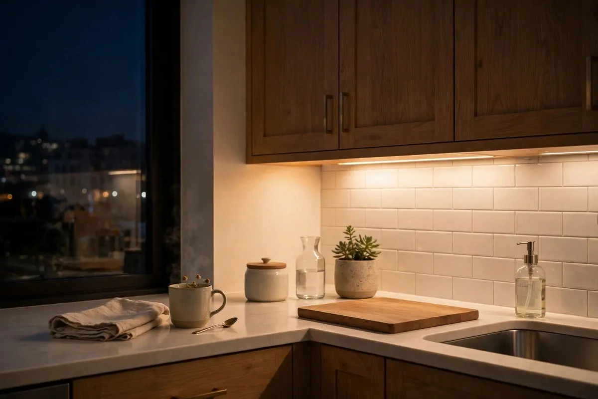 Tidy kitchen counter at night with warm under cabinet light