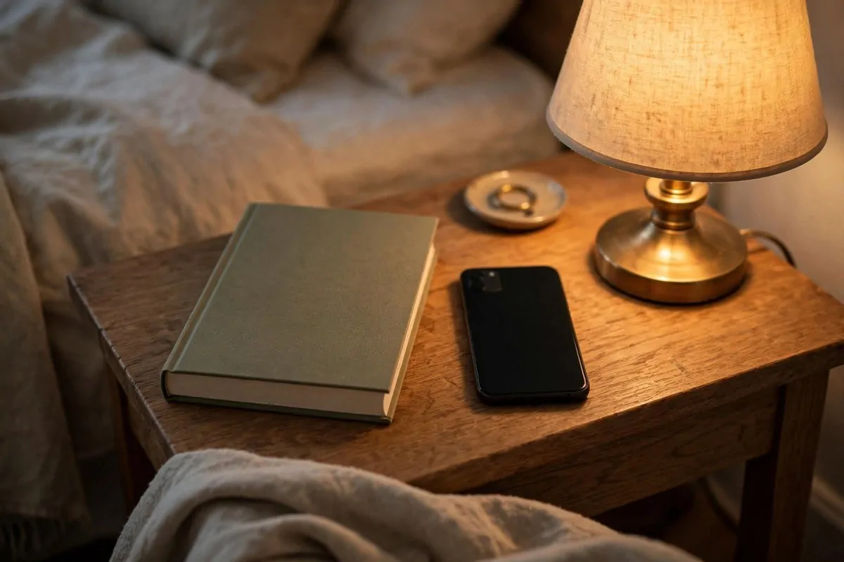 Book on a bedside table beside a turned off phone in lamplight