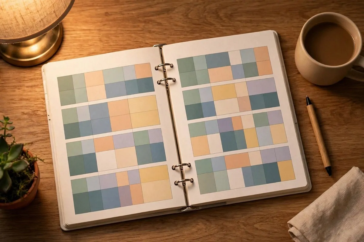 Open ring-bound planner with a color-blocked weekly time schedule on a wooden desk