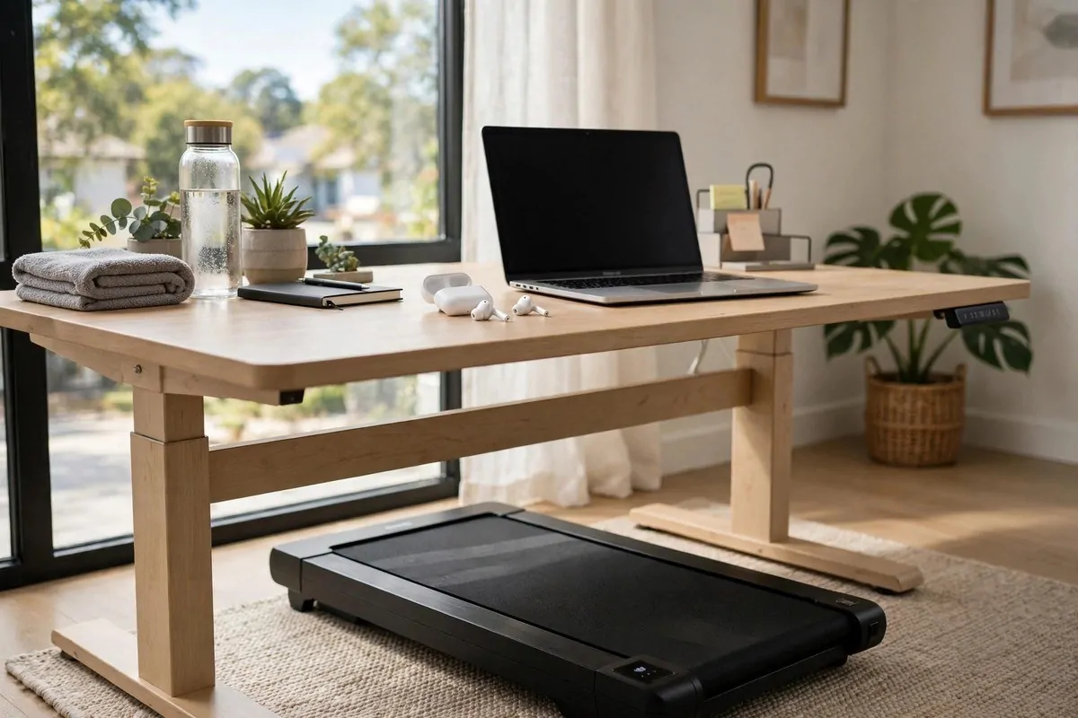 Standing desk with a laptop and an under-desk walking pad in a bright room