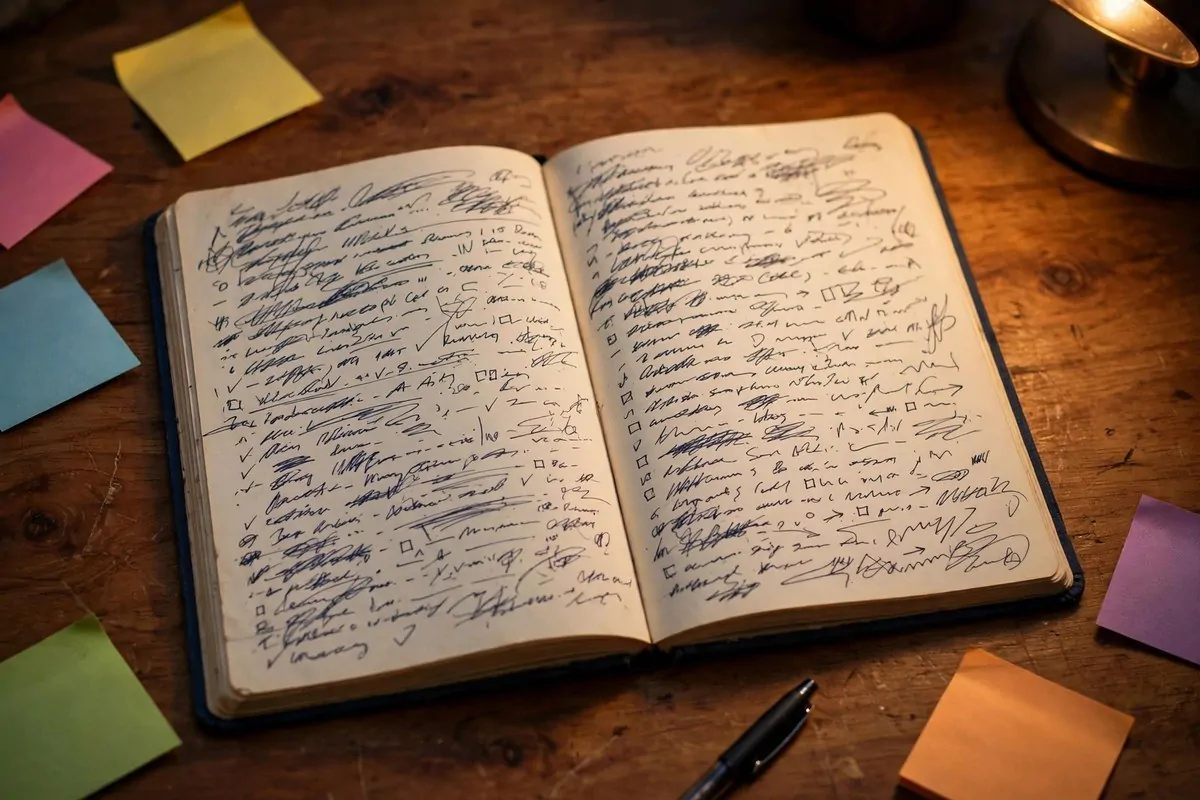 Open journal filled with a handwritten brain dump of lists and scribbled notes