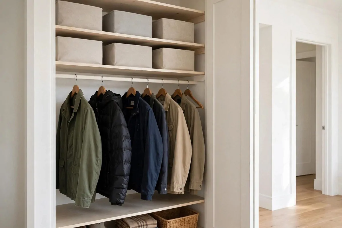 How to Organize Every Room in My House 1 Tidy hall closet with hanging jackets and fabric storage boxes on the shelf