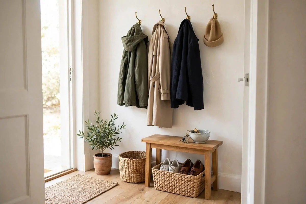 How to Organize Every Room in My House 2 Tidy entryway with wall hooks, woven shoe basket, and key bowl on a bench