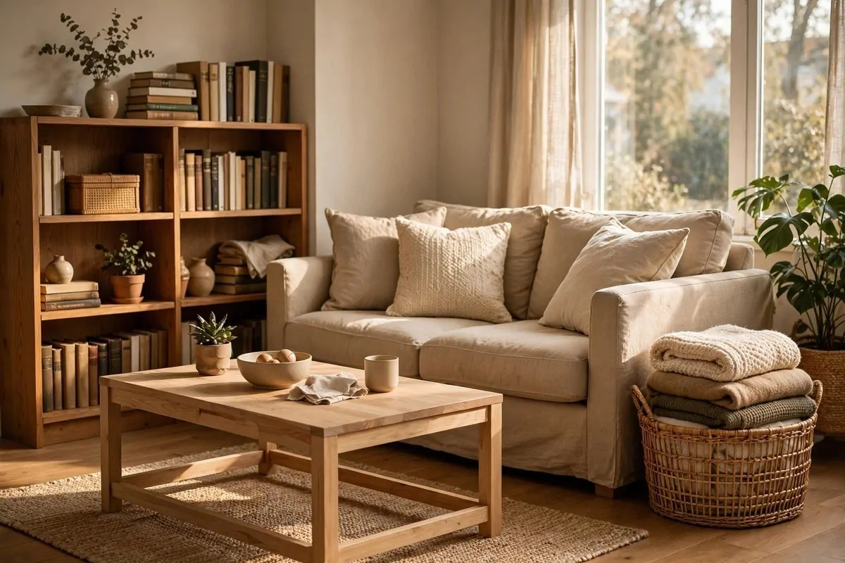 How to Organize Every Room in My House 3 Cozy organized living room with basket of throws and tidy coffee table
