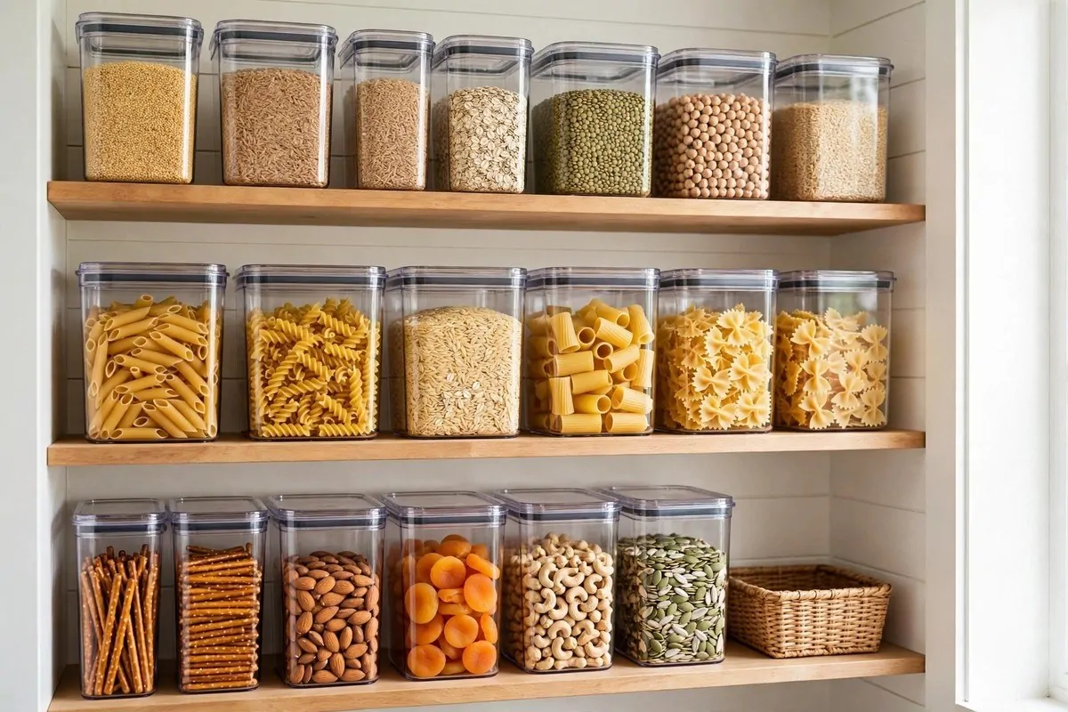 How to Organize Every Room in My House 4 Organized pantry shelves with clear containers of grains and snacks in neat rows