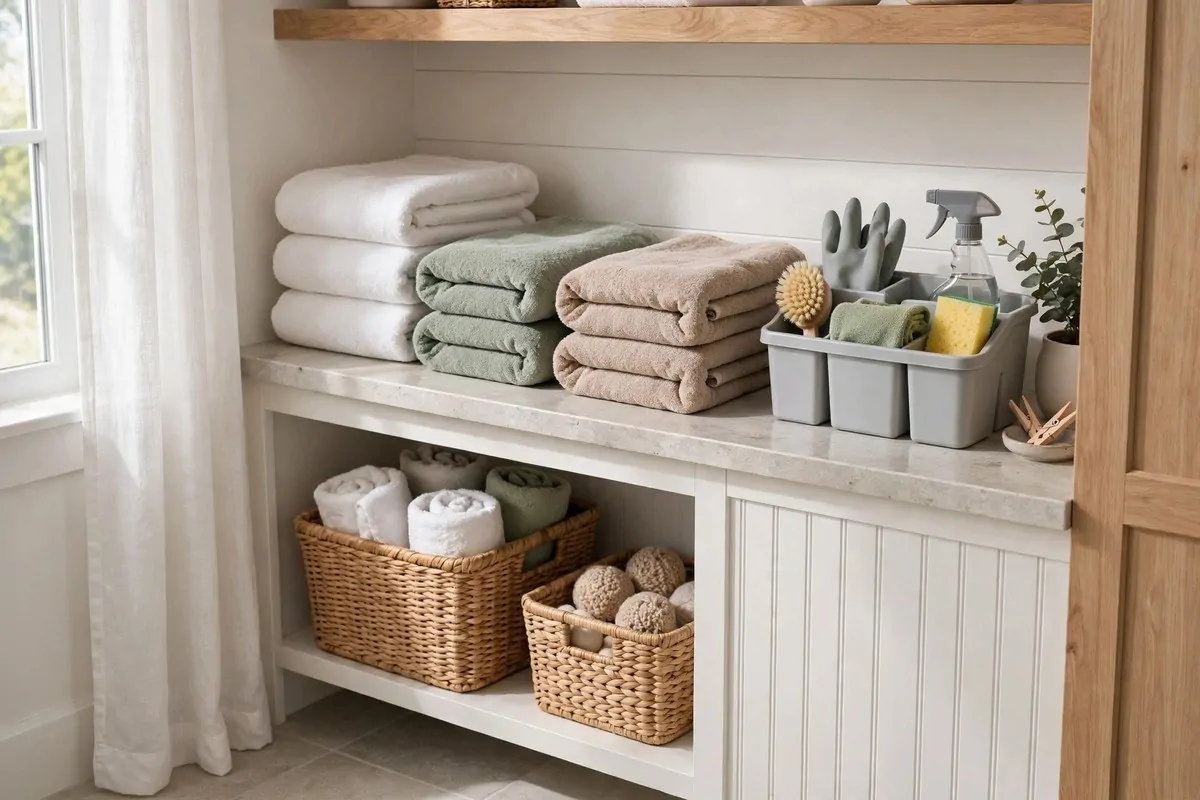How to Organize Every Room in My House 6 Bright organized laundry corner with folded towels and a cleaning caddy