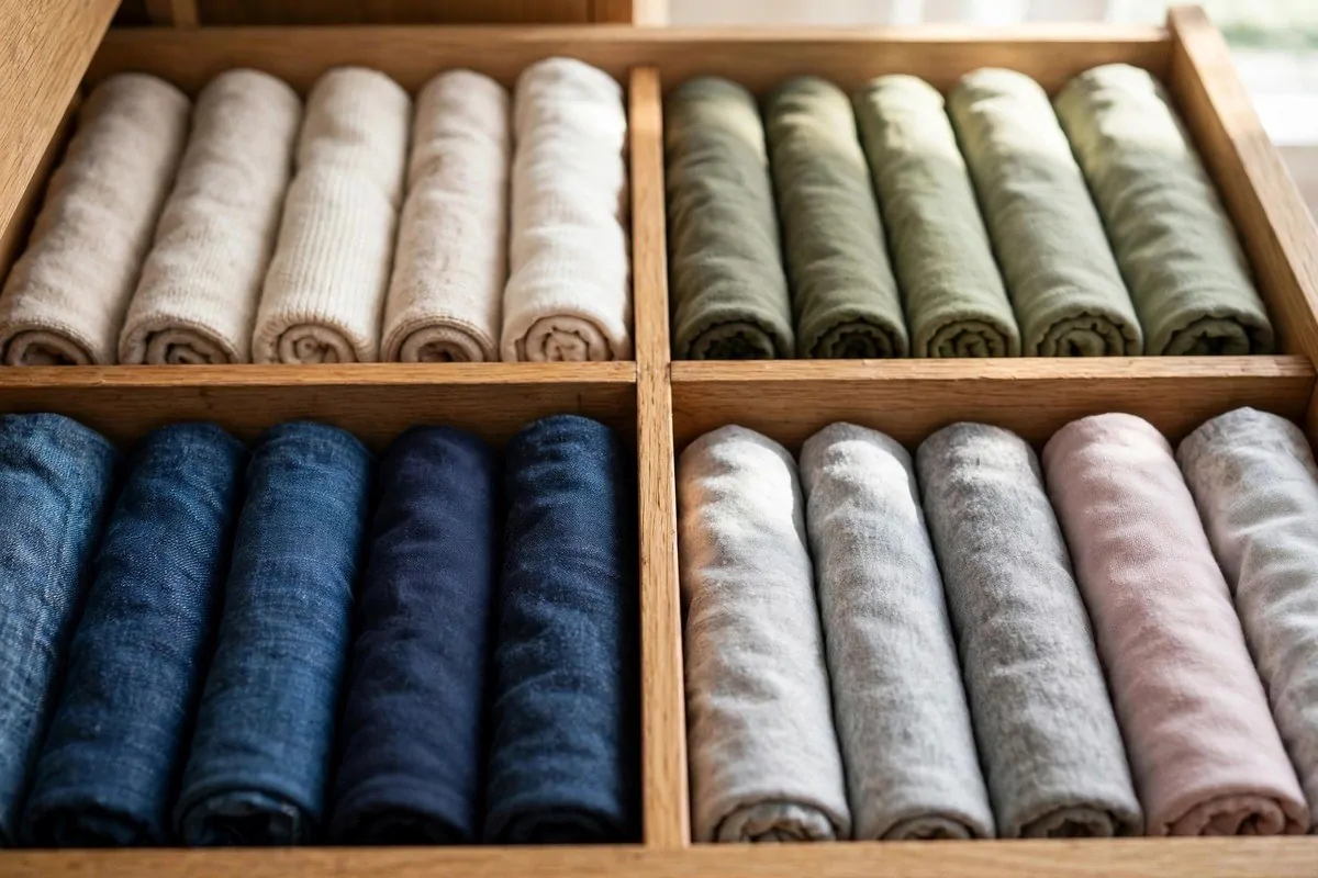 Open dresser drawer with dividers and neatly rolled clothes in rows