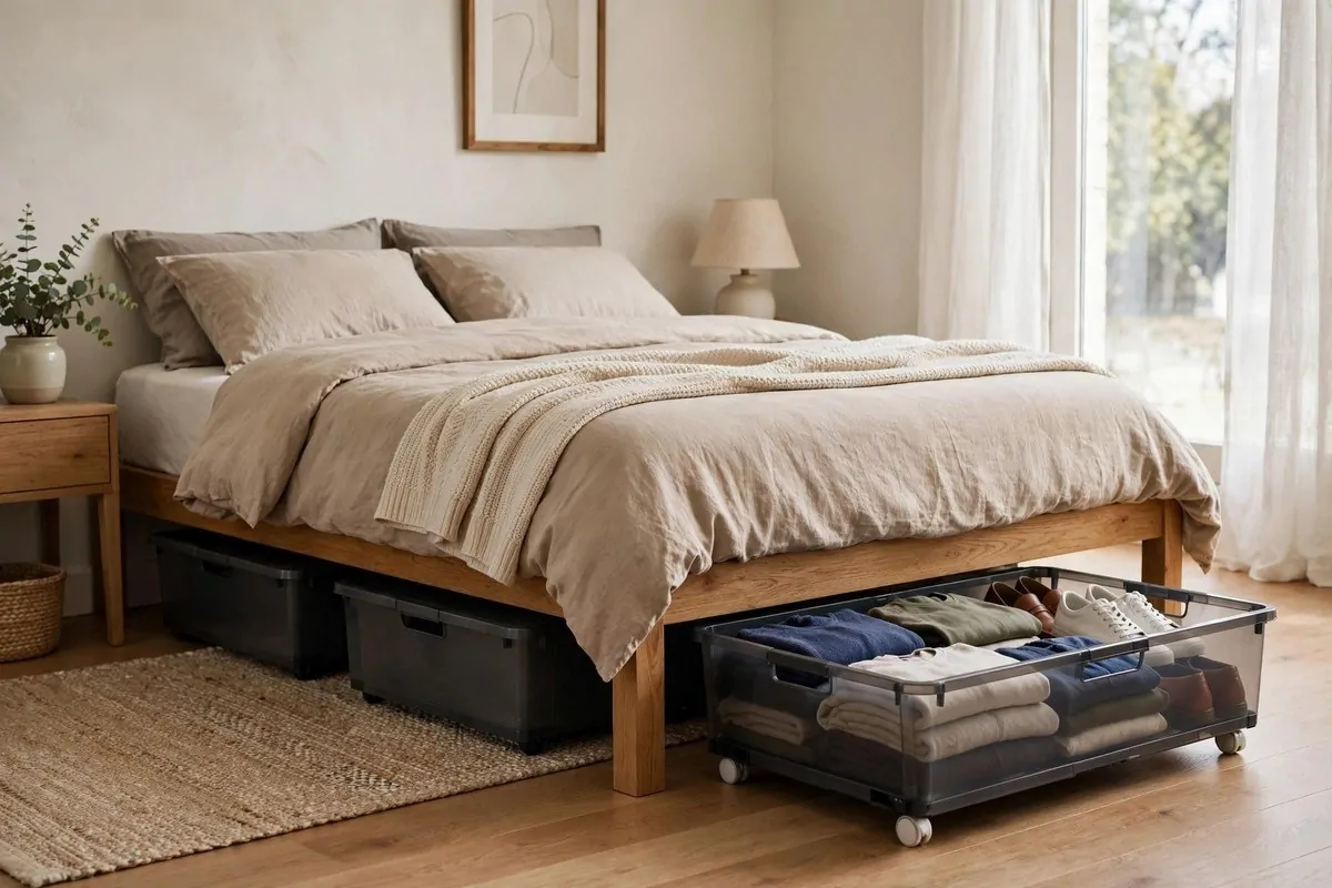 Bed with pull-out storage bins underneath holding folded clothes and shoes