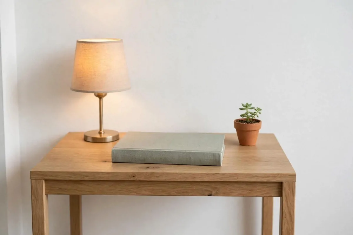 Minimal bedside table with a small lamp, a book, and a tiny potted plant