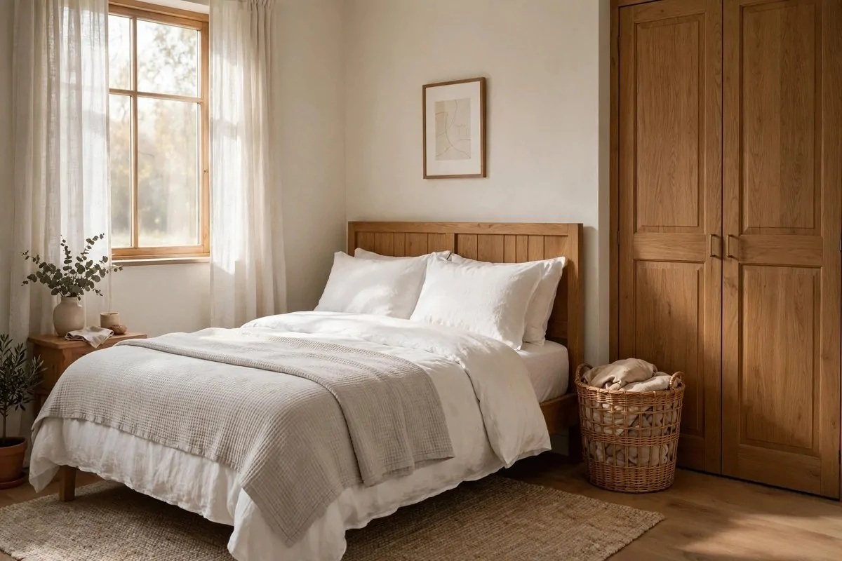 Tidy bedroom with woven laundry basket tucked beside the closet in morning light