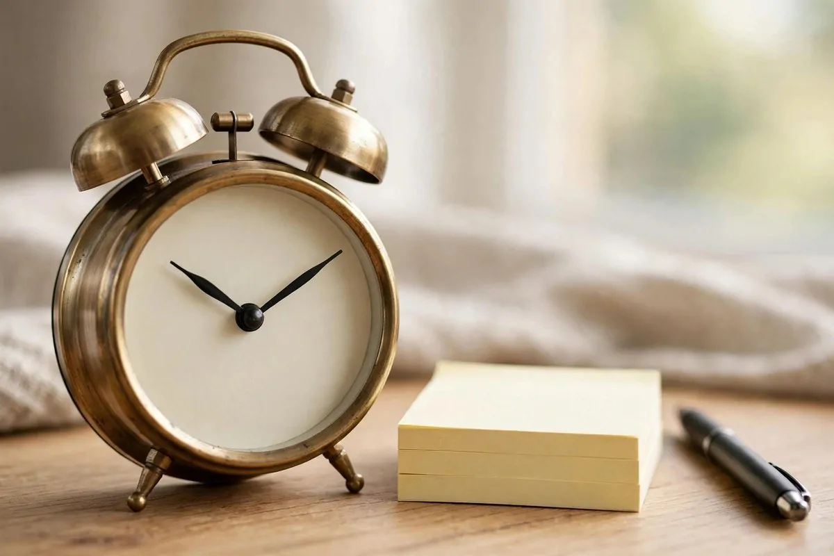 How to Organize My Career Goals 3 Alarm clock with a stack of sticky notes and a pen on a desk