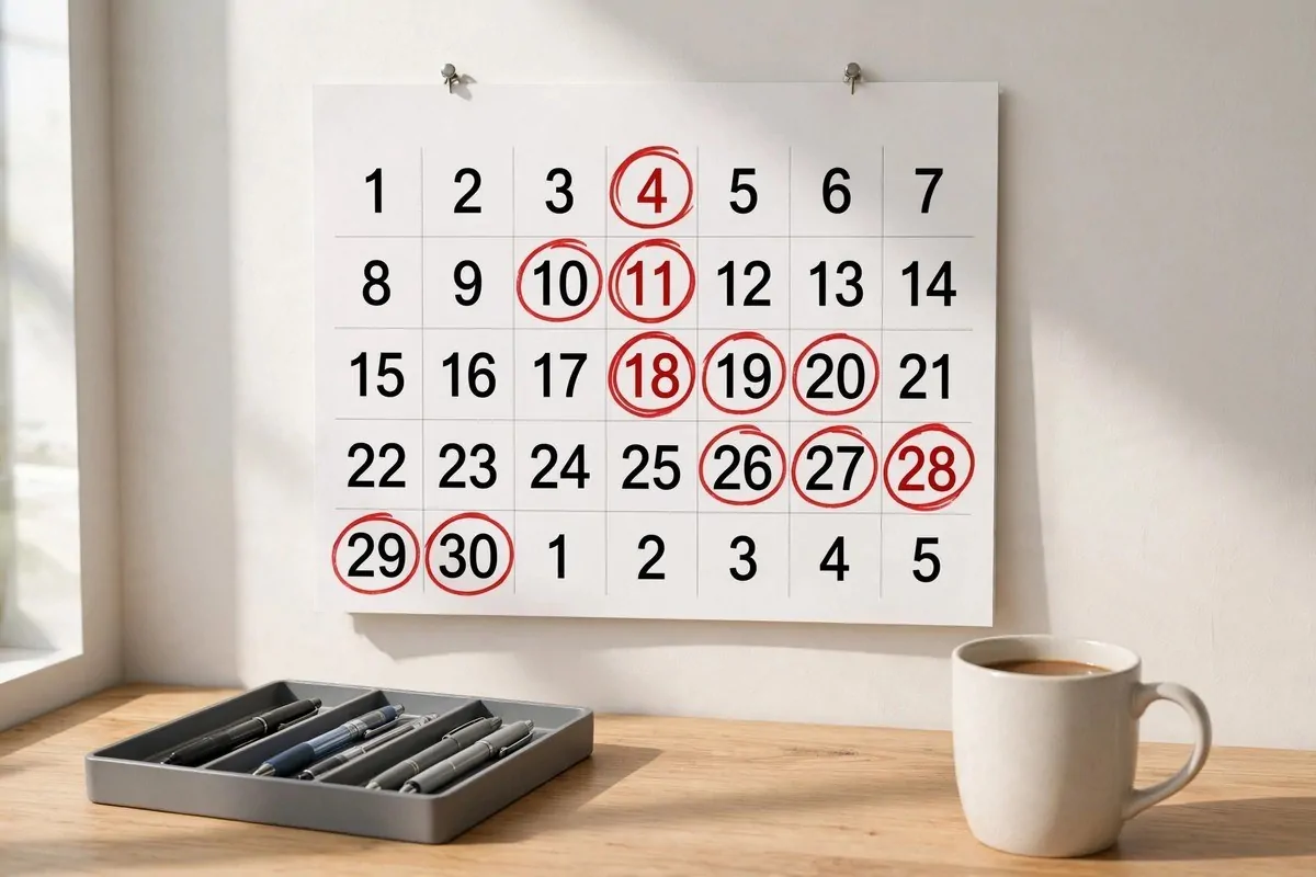 How to Organize My Career Goals 4 Wall calendar with dates circled in red, a pen tray and a coffee mug