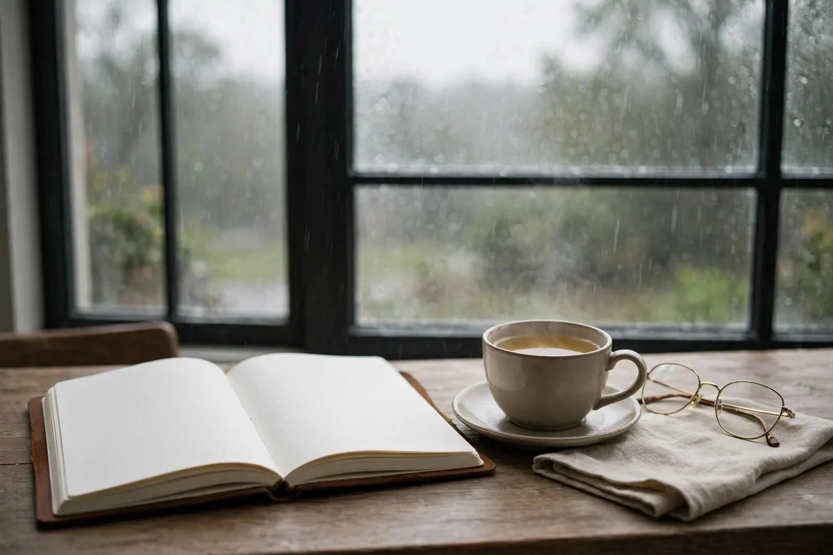 How to Organize My Career Goals 5 Open journal with a cup of tea and reading glasses by a rainy window