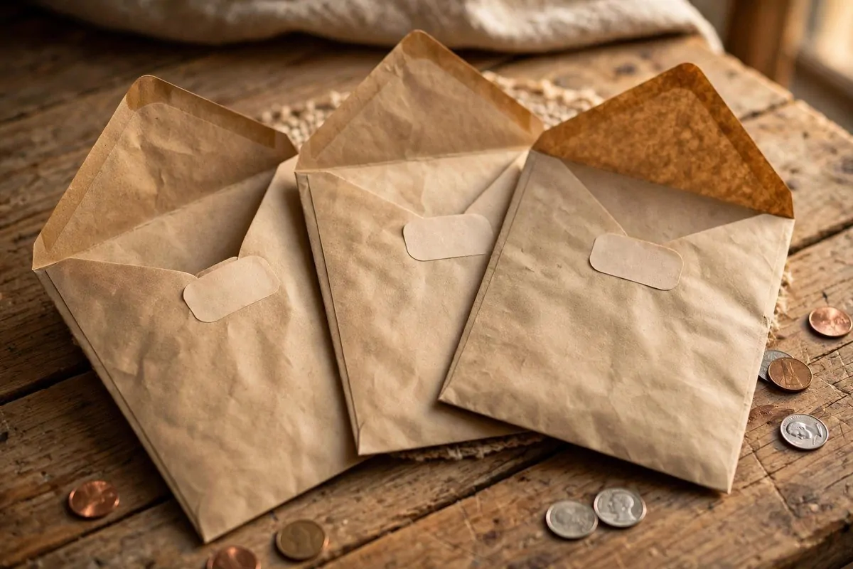 Plain brown cash envelopes with blank labels and coins on a wooden table
