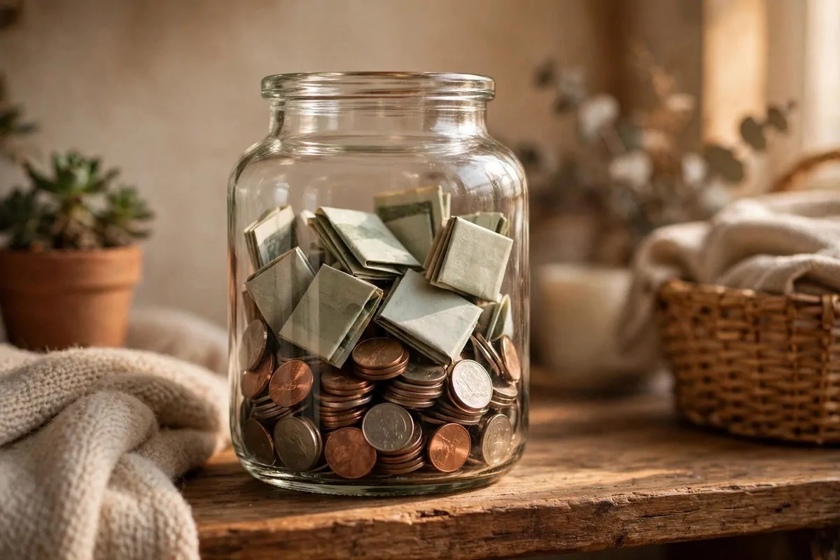 A glass savings jar with coins and folded bills on a shelf