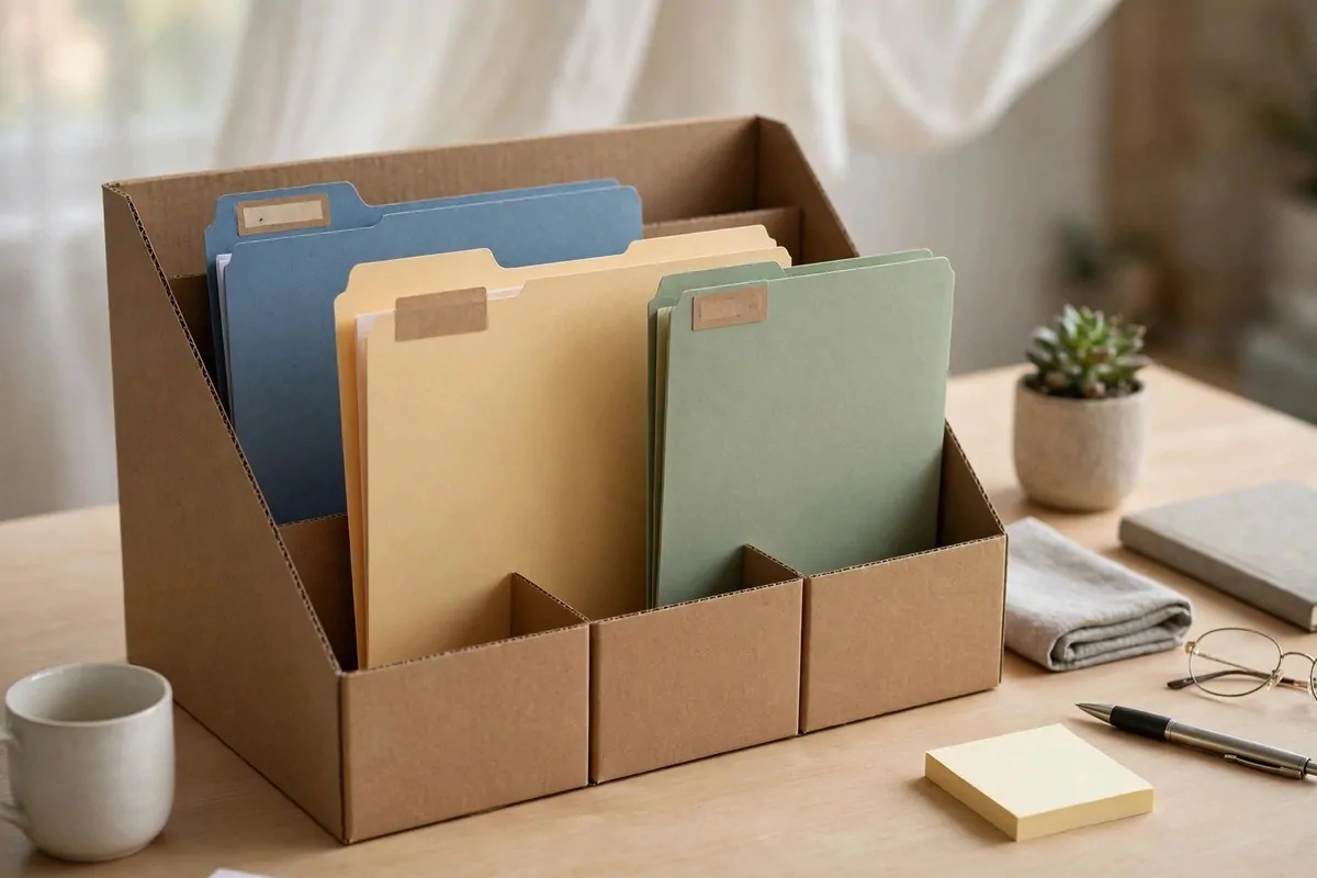 A cardboard desk organizer holding color-coded folders on a wooden desk