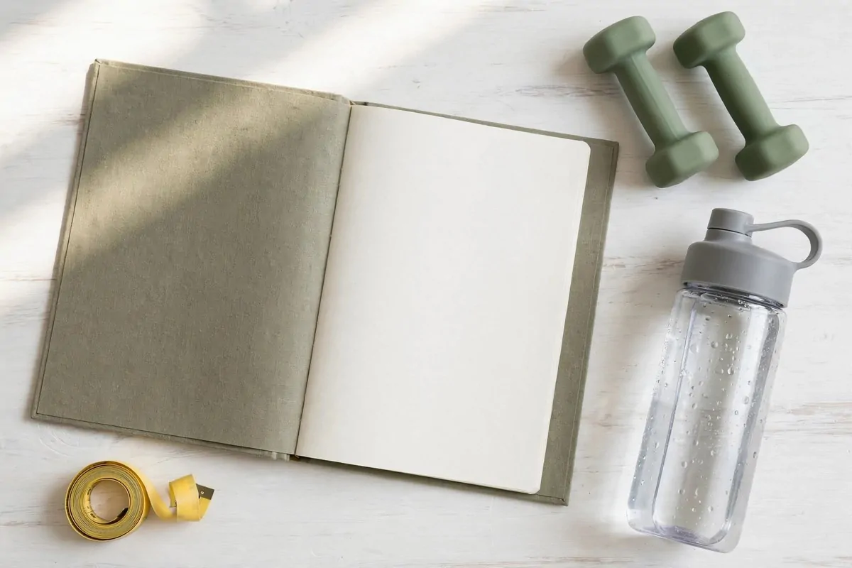 How to Organize My Fitness Goals 1 Open notebook with green dumbbells, a water bottle and a tape measure on a white table