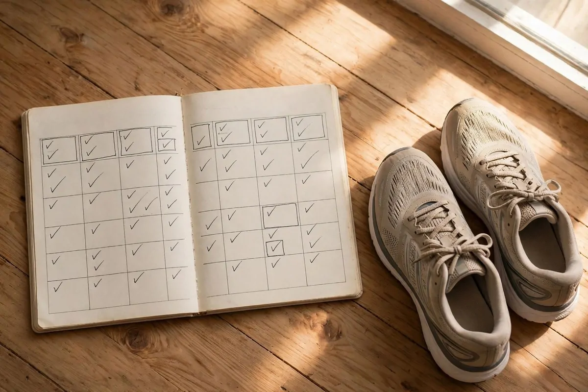 How to Organize My Fitness Goals 2 Notebook full of checkmarks beside running shoes on a wooden floor