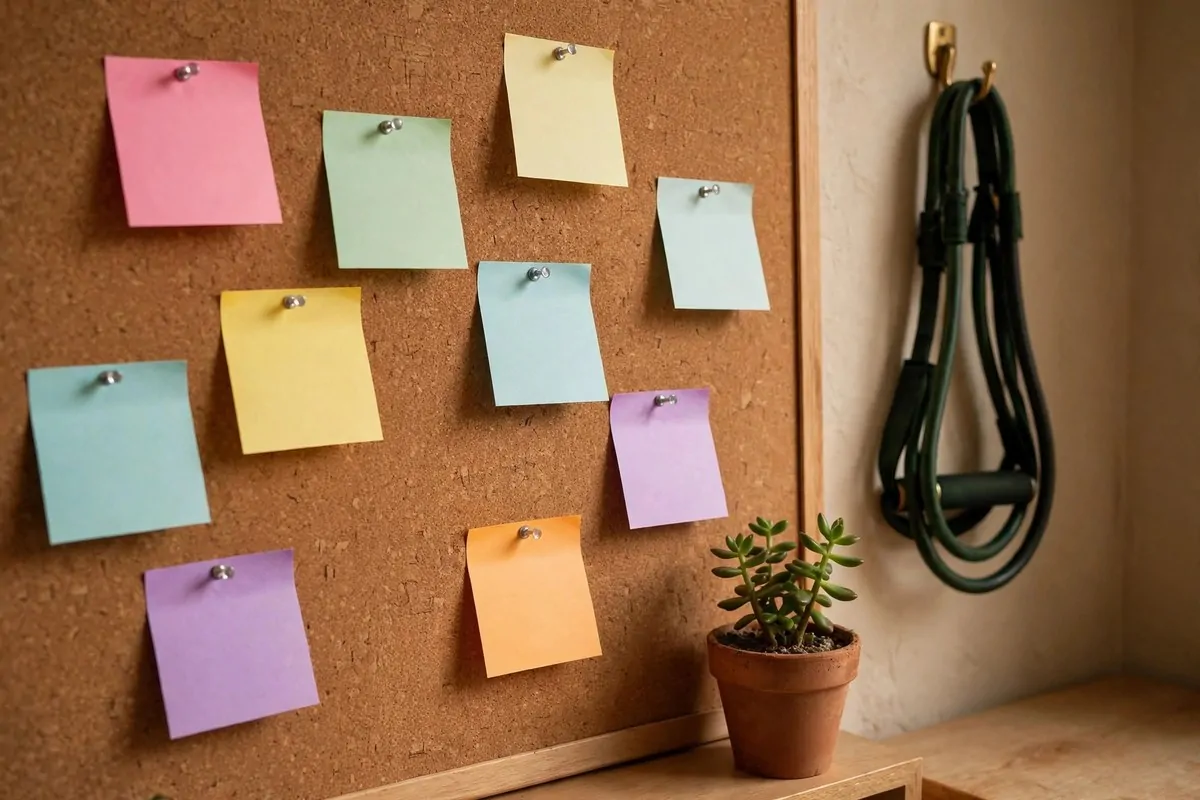 How to Organize My Fitness Goals 3 Cork pinboard with colorful sticky notes, a small plant and a resistance band
