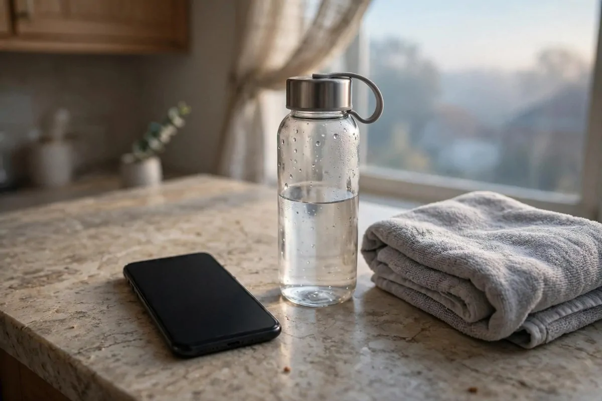 How to Organize My Fitness Goals 4 Phone beside a water bottle and a folded gym towel on a counter