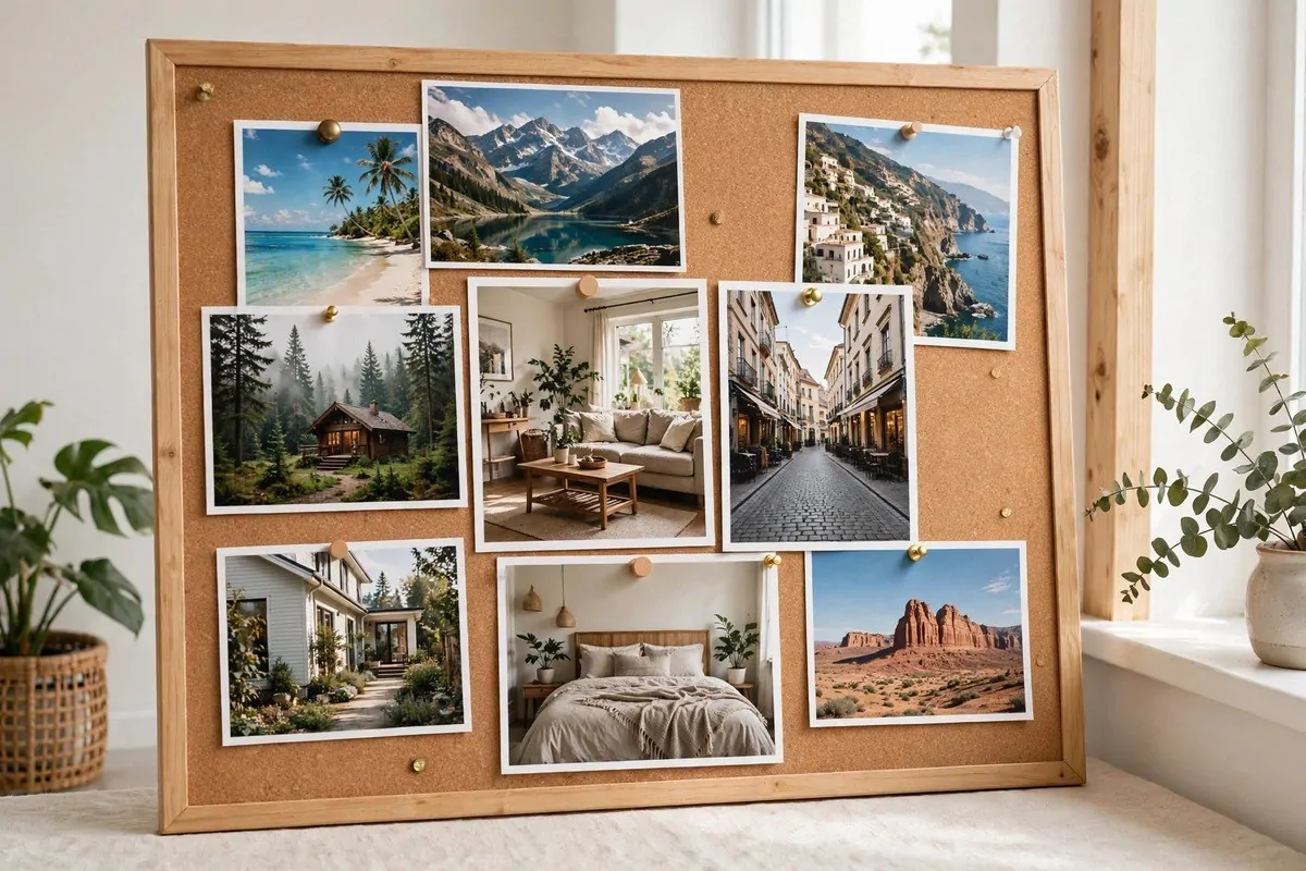 How to Organize My Future Plans 1 Corkboard pinned with dream travel and home photos