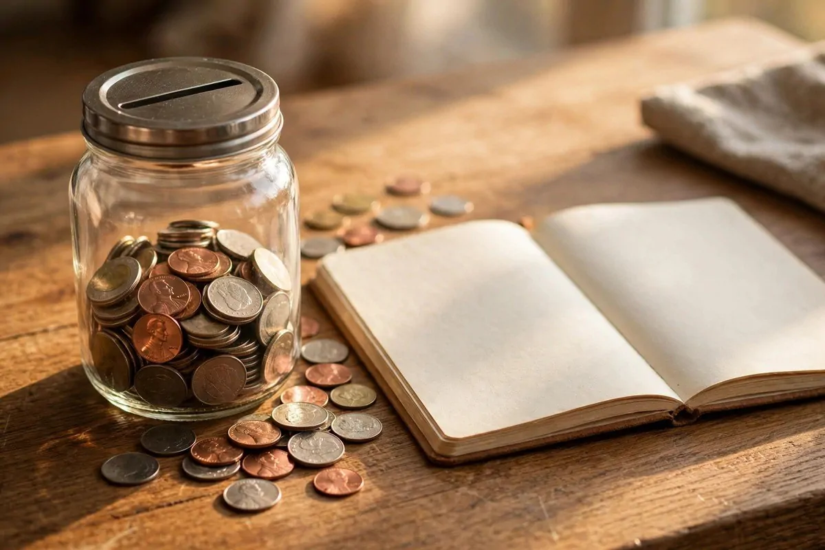 How to Organize My Future Plans 4 Glass savings jar full of coins beside an open notebook