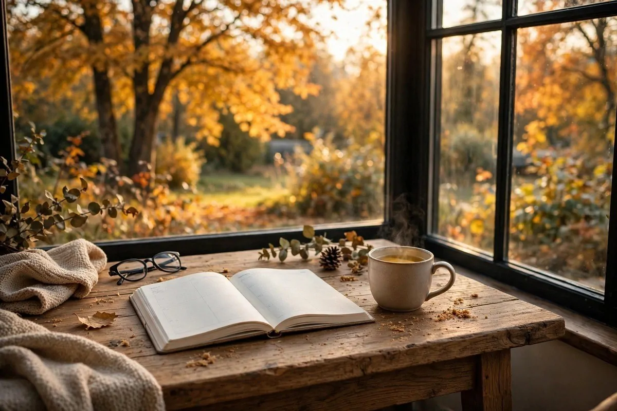 How to Organize My Future Plans 5 Open notebook and a cup of tea by a window with autumn leaves