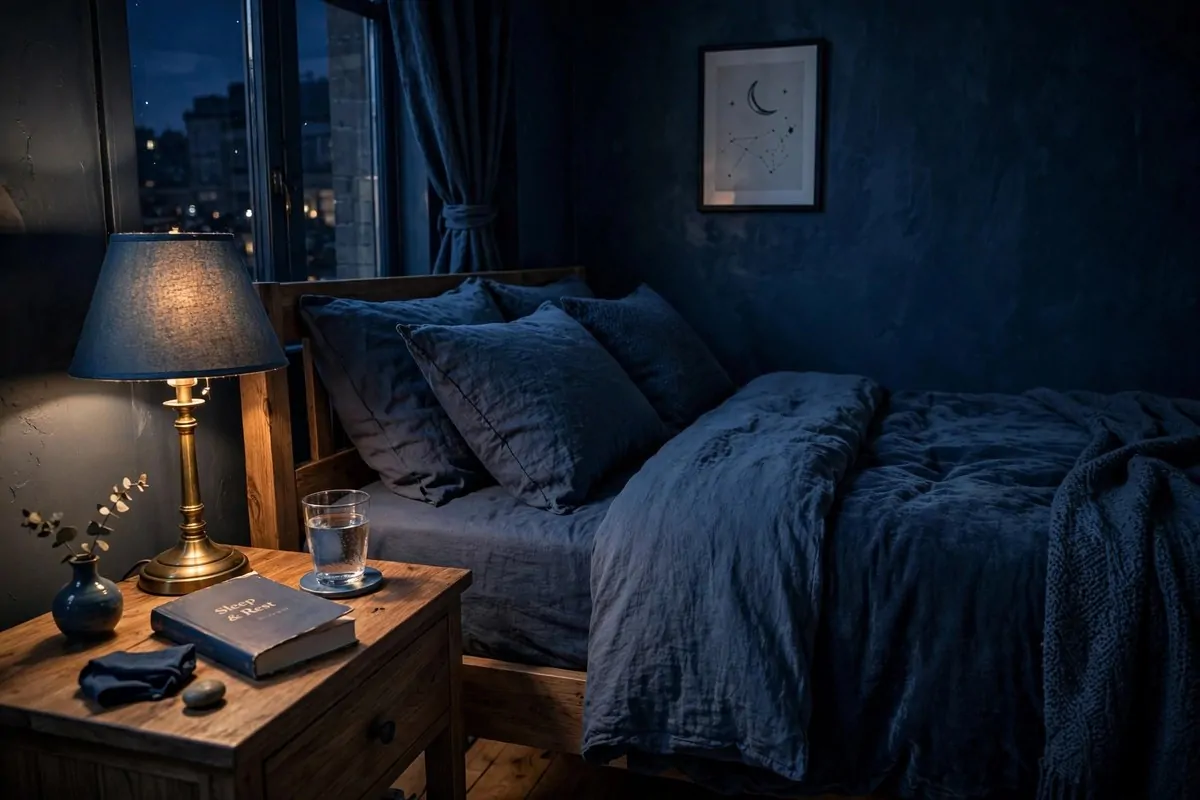 How to Organize My Health Routine 1 Calm bedroom at night with bedside table holding a lamp, book and glass of water