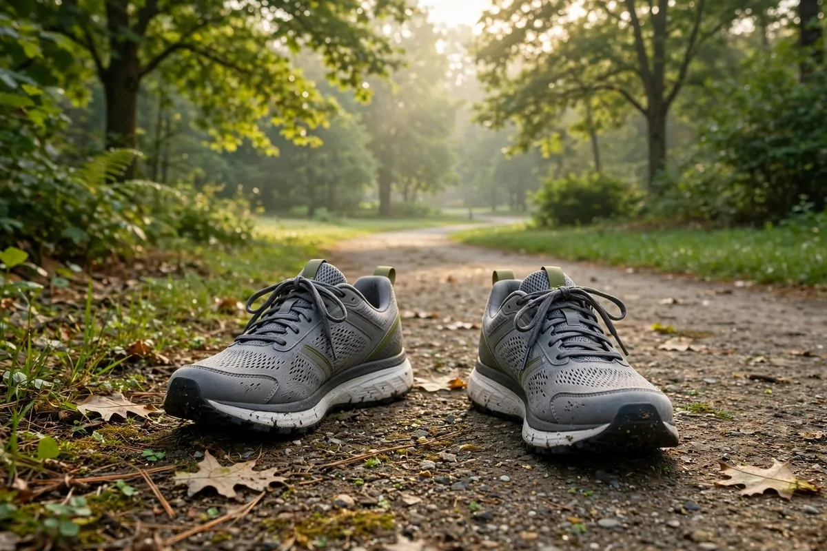 How to Organize My Health Routine 2 Walking sneakers on a park path with green trees in morning light