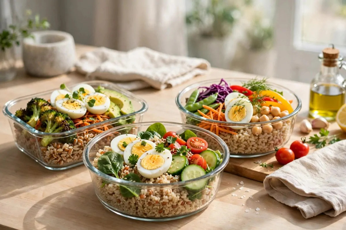 How to Organize My Health Routine 3 Meal prep bowls with vegetables, grains and eggs on a kitchen counter