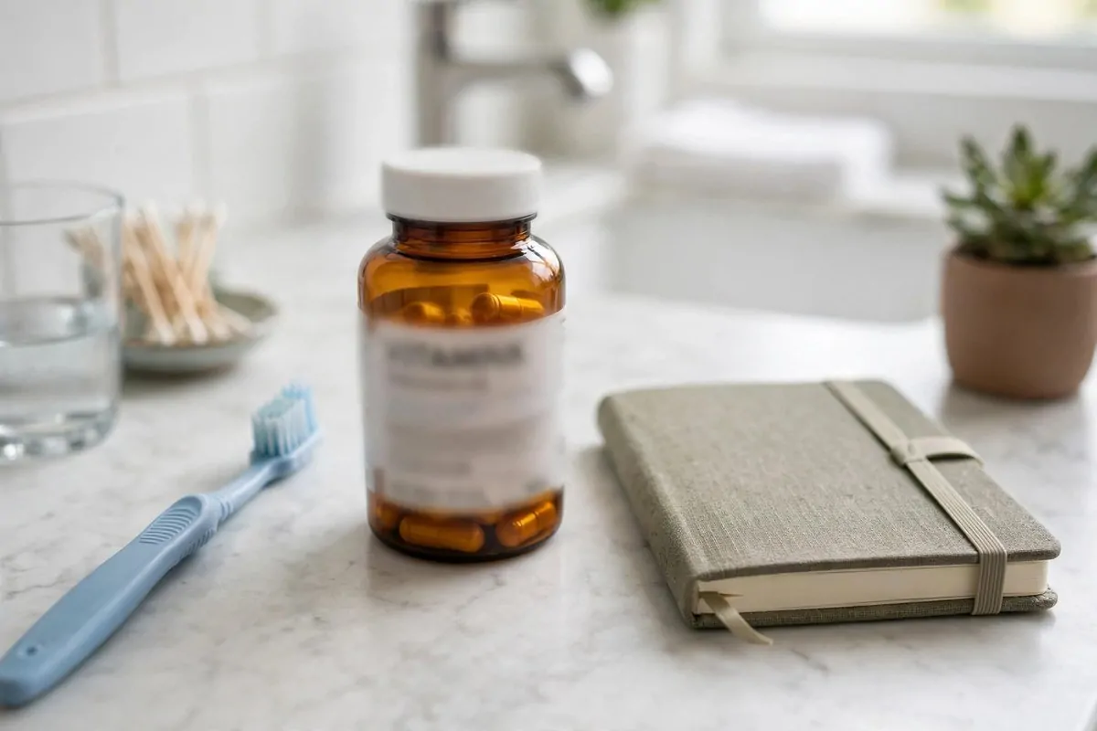 How to Organize My Health Routine 4 Toothbrush, vitamins and small notebook on a bright bathroom counter