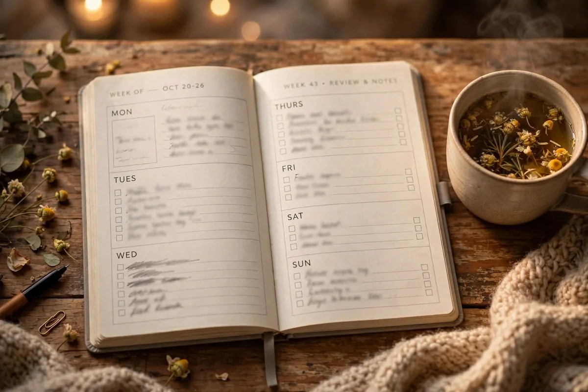 How to Organize My Health Routine 5 Open weekly planner with a cup of herbal tea on a wooden table