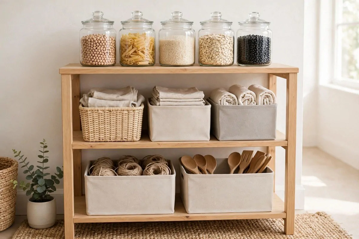 Clear jars and bins grouped neatly on a shelf