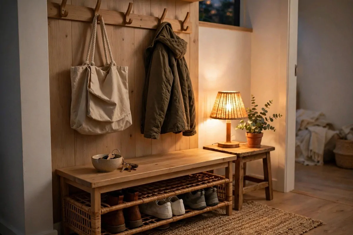 Tidy entryway with hooks, key bowl, and shoe rack in warm evening light