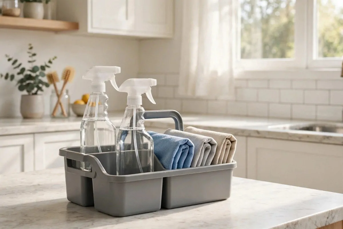Cleaning caddy with supplies on a bright kitchen counter