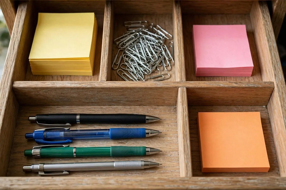 How to Organize My Home Office for Productivity 2 Desk drawer with dividers holding pens, clips and sticky notes neatly