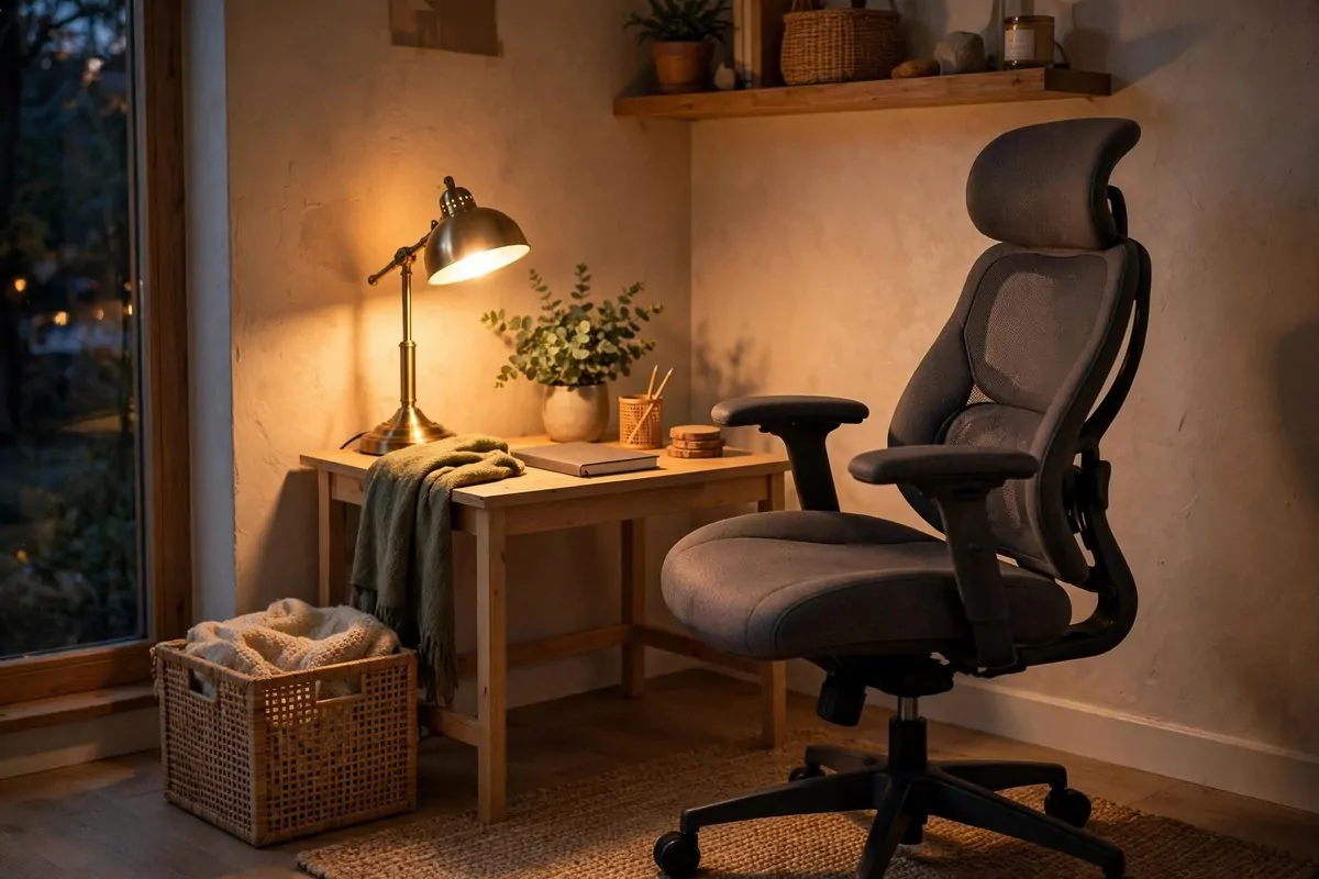 How to Organize My Home Office for Productivity 4 Ergonomic chair and warm desk lamp in a cozy home office corner