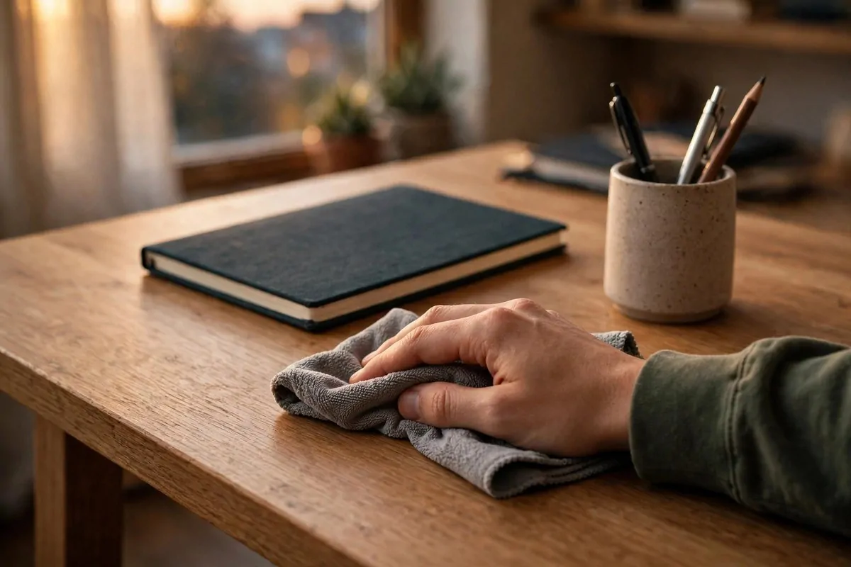 How to Organize My Home Office for Productivity 5 Hand wiping a tidy desk at the end of the workday, notebook closed
