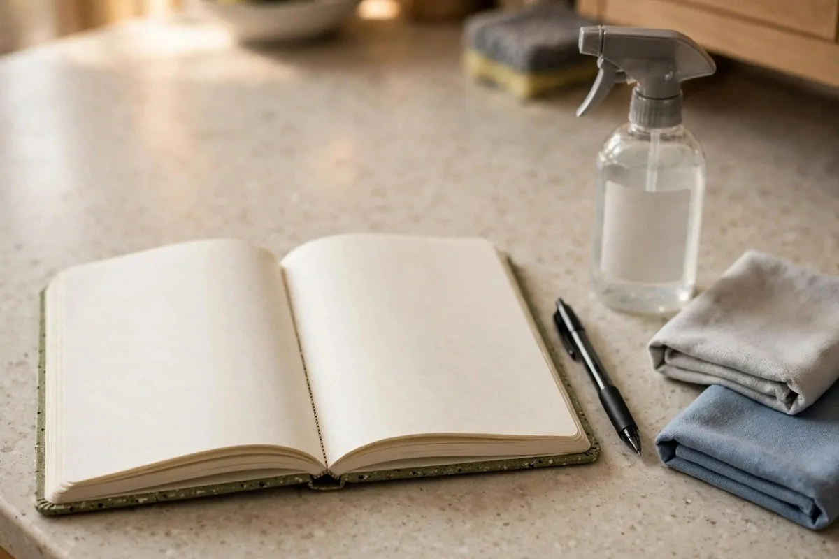 How to Organize My Household Responsibilities 1 Open notebook with a pen next to a spray bottle and folded cleaning cloths
