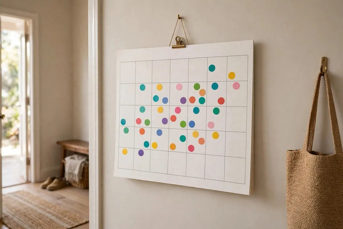 How to Organize My Household Responsibilities 3 Wall calendar with colorful dots marking chores