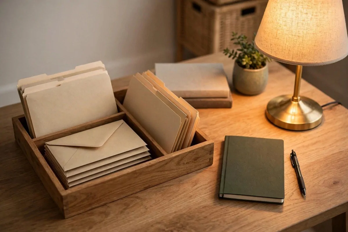 How to Organize My Household Responsibilities 4 Wooden tray holding envelopes and folders on a desk